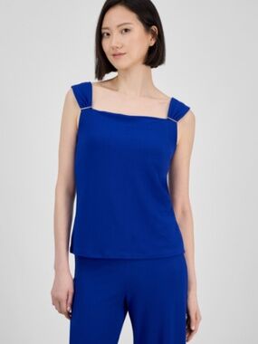 Anne Klein Women's Embellished Shirred-Strap Top Blue NWT